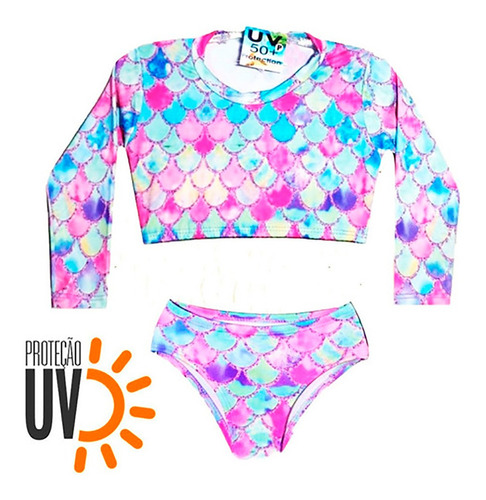 Biquini Infantil + Blusa Cropped Proteção Solar Uv50 Sereia