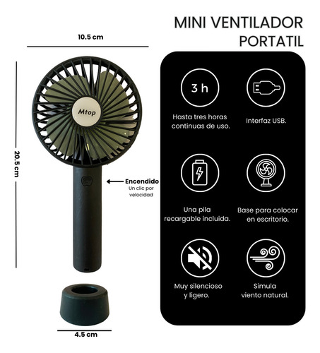 Mini Ventilador De Mano Portátil Recargable Por Usb Con Base Para Escritorio 3 Velocidades Color Negro Marca Dosyu