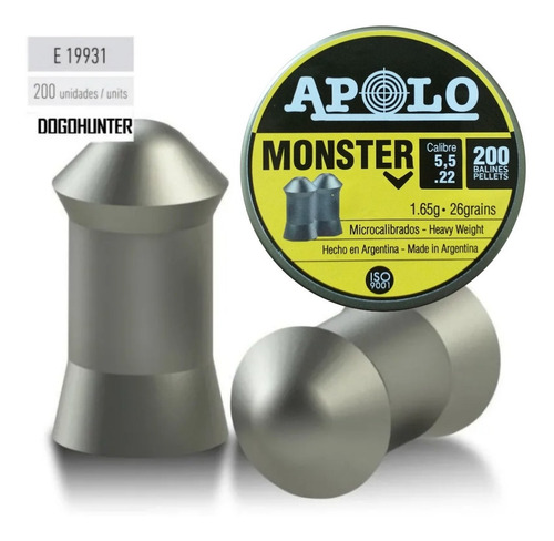 Balines Apolo Monster 5.5 X 200 Peso:1,65grs 26g Dogohunter