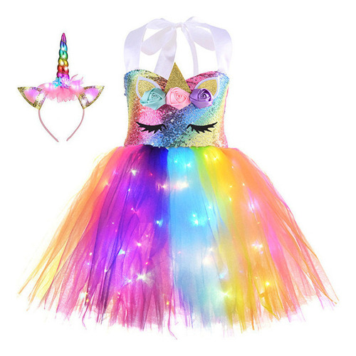 Vestido De Fiestas Con Luz Led De Princesa Unicornio De Niña