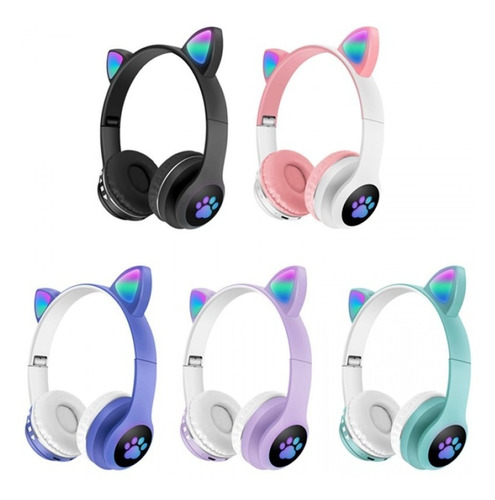 Auricular Bluetooth Gato Plegable Con Luces Led Lila 