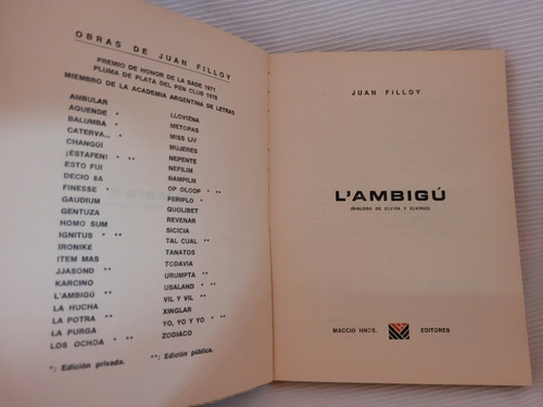 Imagen 5 de 8 de L Ambigu Juan Filloy 1° Edicion 1982 Maccio Hnos Editores