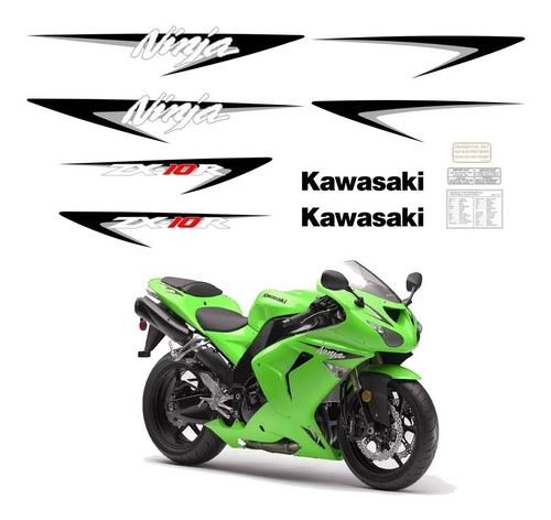 Kit Adesivos Moto Kawasaki Ninja Zx-10r 2007 Verde Ca-03404 Cor Preto