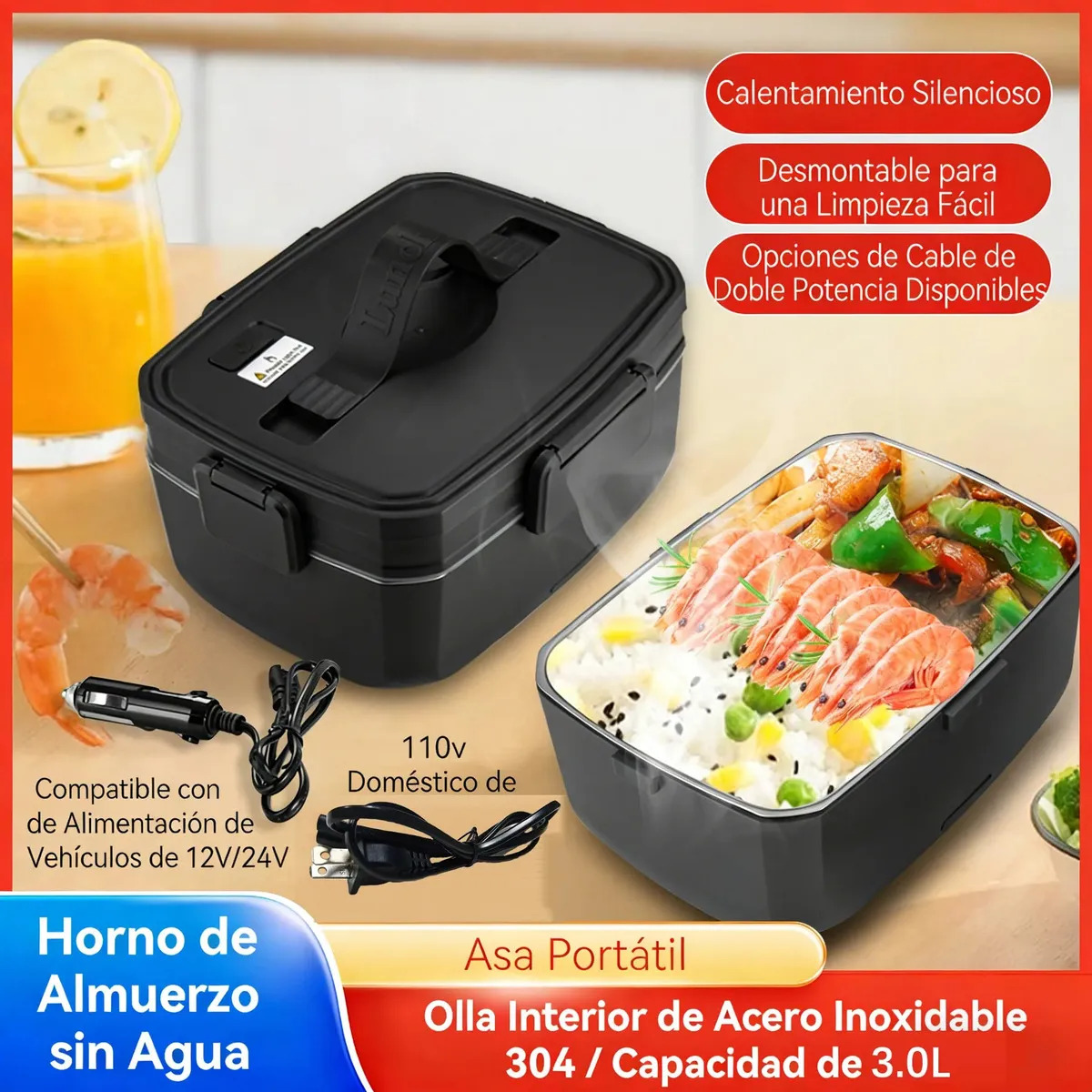 Lonchera Eléctrica FX Elec de Acero Inoxidable con 3 L y 80 W – Calienta Comida en Coche y Casa