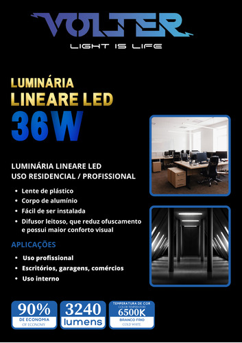 Kit 2 Luminárias Led Sobrepor Linear 36w 6500k Bivolt 120cm