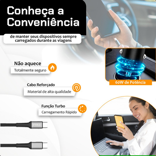 Carregador Veicular Turbo 60w Kit Com Cabo-tipo-c Preto