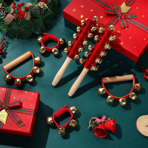 Boao 6 Pcs Christmas Hand Jingle Bells Mango De Madera Mango