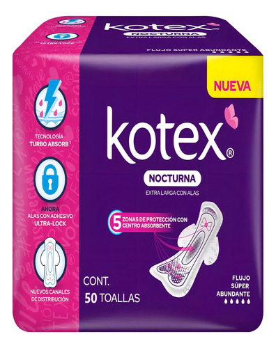 Toallas Femeninas Kotex Nocturna C/ Alas Súper Abundante 50