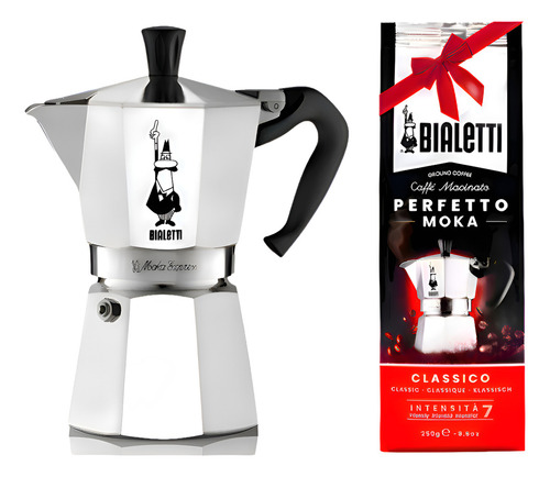 Cafetera Italiana Bialetti Moka 6 Tazas + Café De Color Plateado