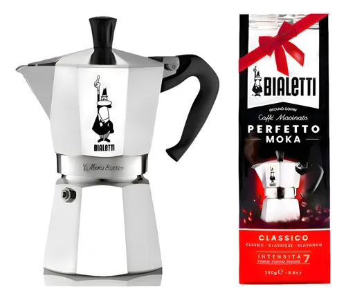 Cafetera Italiana Bialetti Moka 6 Tazas + Café De Color Plateado
