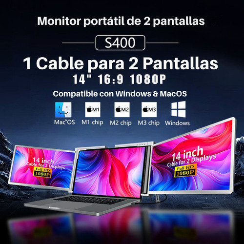 Mr. Gadgets Doble Monitor Portatil Para Laptop 14 Pulgadas Modelo S400 Full Hd 1080p, Ips, Plug & Play, 180°, Usb C, Usb A, 1 Cable 2 Pantallas, Compatible Con Windows, Mac Os, M1, M2, M3, M4, Linux,