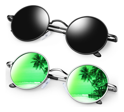 Lentes De Sol Polarizados 2pcs Hombre Mujer De Moda Redondos Uv Clásicos Steampunk Hippie Diseño Negro Mate Y Verde Joopin M4057