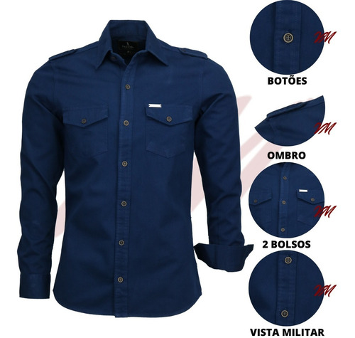 Kit 03 Camisas Masculina Slim Paris M Longa Estilo Militar