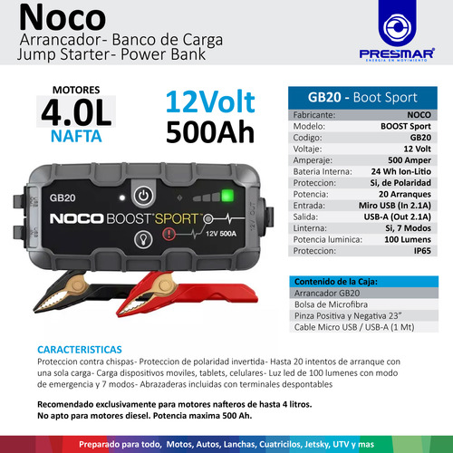 Imagen 2 de 10 de Arrancador Portatil Auto Power Bank Cargador Usb Noco 500a