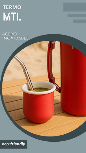 Termo Mtl 1 Litro Acero Inoxidable Color Rojo Tapa Vaso Cebador Doble Pared Ligero 24hs Frio Calor Mate Camping Oficina Compacto Manija Facil De Limpiar