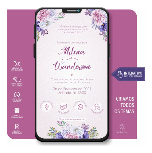 Convite Casamento Virtual Interativo Flores Lilas 123