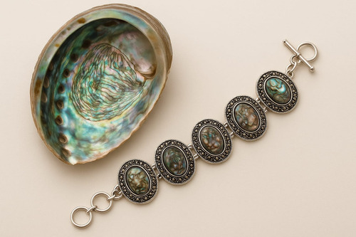 Pulseira Abalone Natural Folheada A Prata 5 Pedras