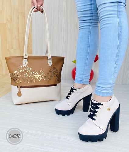  Combo Para Dama Color Beige Botin Mas Bolso Láser Miel