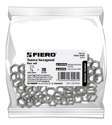 Imagen 2 de 4 de Tuerca Hexagonal 1/4' Fiero 44548