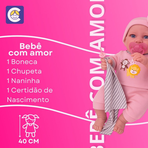 Boneca Bebê Com Amor Cotiplás Reborn Acessórios 40cm Vinil
