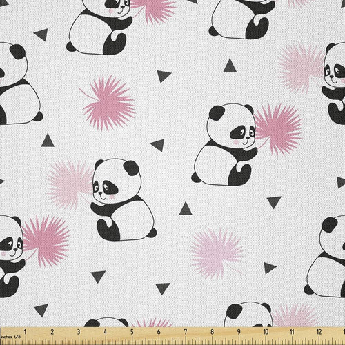 Lunarable Panda Fabric By The Yard, Childrens Cartoon Style 