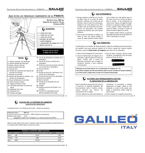 Telescopio Galileo Reflector 900x76 Ecuatorial Aumento 675x