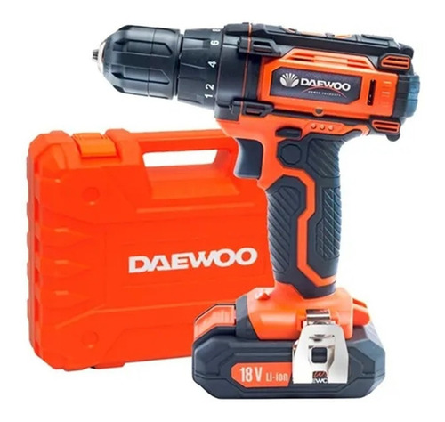 Taladro percutor atornillador inalámbrico de 10mm Daewoo DACD1800V2 18V + 1 batería de 1.5Ah + accesorios con maletín de transporte 220V