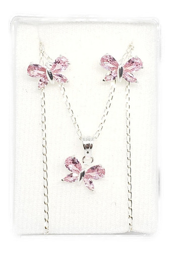 Collar Mariposa Rosa Zirconias De Plata 925+aretes Y63