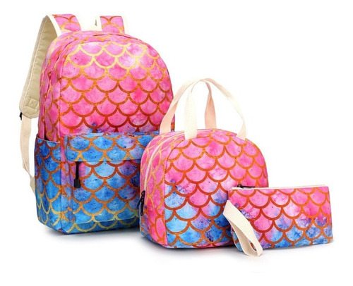 Set De 3 Mochilas Con Diseño De Sirena Rosa, Estuche Para Lá