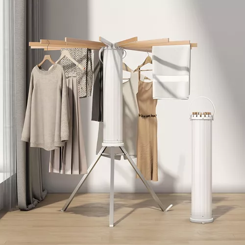 Tendedero plegable de madera maciza, poste de ropa estable para