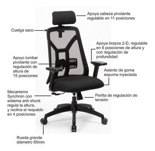 Imagen 2 de 8 de Sillón Ergonómico Tokio Synchro C/cabezal Y Perchero Rossi