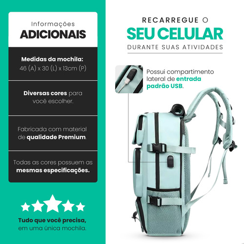 Mochila Impermeável E Expansível Notebook Reforçada De Bordo Feminina Masculina Mala Viagem Avião Executiva Reforçada 40l Viral Casual Unissex Faculdade Trabalho Trilha Usb Azul Notnull