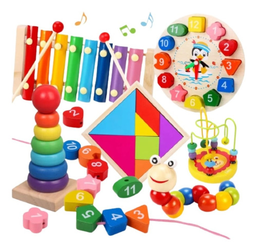 Set 6 Juguetes Didácticos De Madera Para Niños Montessori F