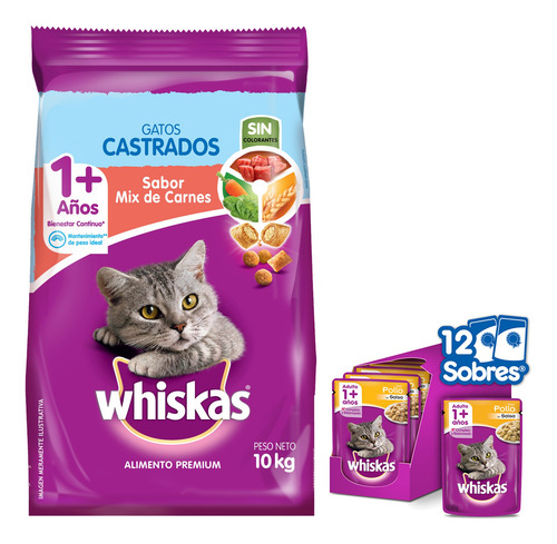 Imagen 1 de 10 de Whiskas Combo Gatos Castrados Alimento 10kg +sobre Pollo 12u