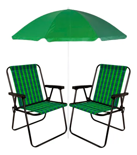 Guarda Sol Fashion Verde + 2 Cadeiras De Praia Xadrez Verde