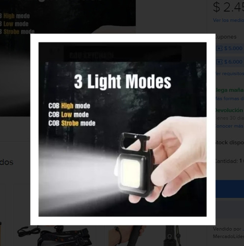 Linterna Led Cob Llavero Gancho Portátil Recargable Potente