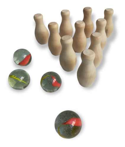 Imagen 6 de 10 de Minibowling Bolos 10 Pinos Y 4 Bolas 24mm Canica Caja Madera