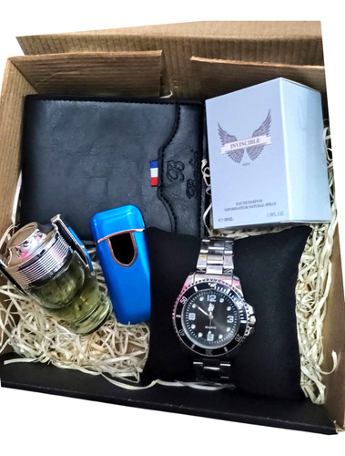 Set Box Regalo Hombre Caja Moño Reloj Perfume Encendedor Usb