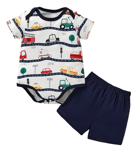 Conjunto Verano Mameluco Con Estampado Coches Para Bebé Niño Azul Oscuro 3-6 M