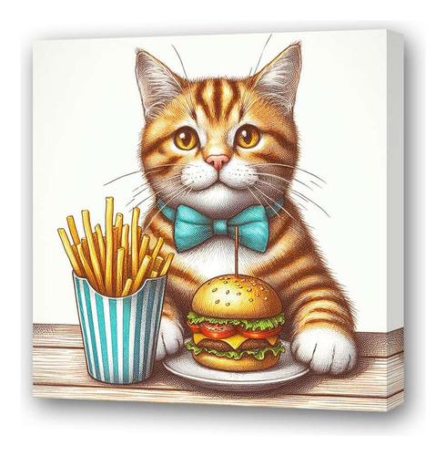 Cuadro 45x45cm Gato Con Moño Comiendo Sentado Burger