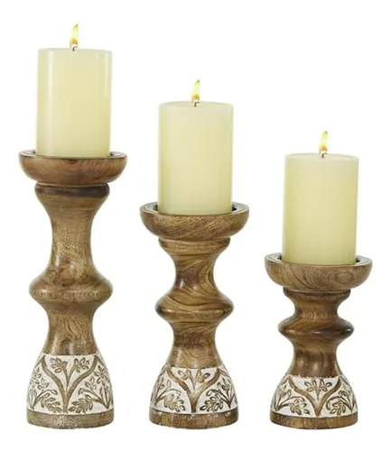 comprar Set De 3 Portavelas De Madera Deco 79 - 6 , 8 , 10  Altura