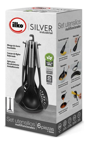 Set 6 Utensilios De Cocina Con Base Iiko Silver Color Negro