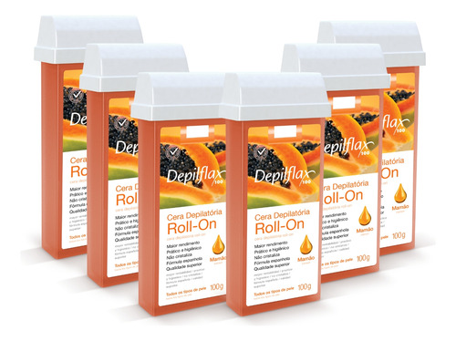 Kit 6 Ceras Roll-on Depilatória Mamão Hidrata Depilflax
