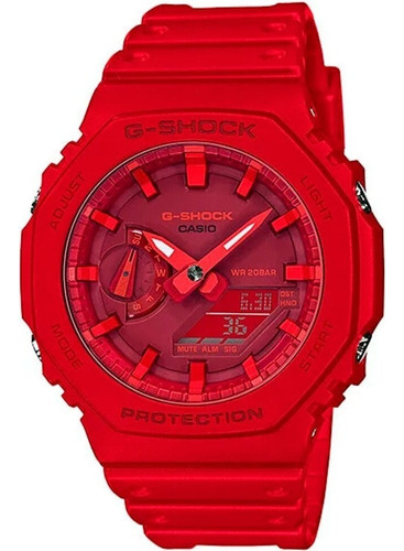 Relógio de pulso Casio G-Shock GA-2100 com corpo vermelho,  analógico-digital, para masculino, fundo  bordô, com correia de resina cor vermelho, agulhas cor vermelho e branco, subdials de cor vermelho, subesferas cor bordô e vermelho, ponteiro de minutos/segundos bordô, bisel cor vermelho, luz branco e fivela simples