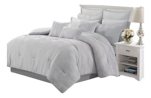 Set Edredón 12 Piezas Matrimonial/queen Doble Vista Suave Color Gris Diseño De La Tela Lisa
