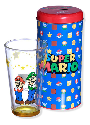 Super Mario Kit Copo Vidro 500ml E Cofre Oficial Nintendo