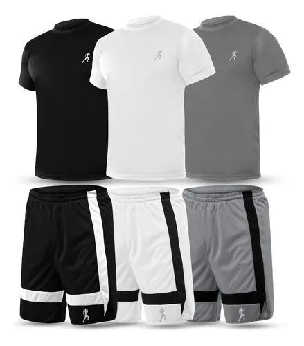 Kit com três conjuntos esportivos de camiseta e bermuda nas cores preto, branco e cinza com logo de corredor.