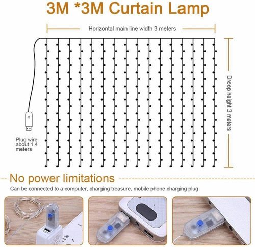 Cortina De Luces Led Impermeable Para Fiestas, 3x3 M