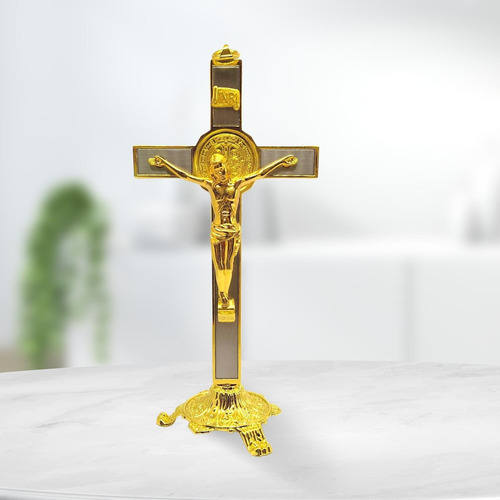 Cruz De Metal Crucifixo Mesa Parede Metal Dourada Linda 20cm Cor Dourado