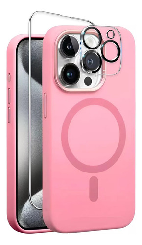 Funda Para Iphone Magsafe + Mica Pantalla + Mica Cámara Kit Rosa Iphone 16 Pro Max
